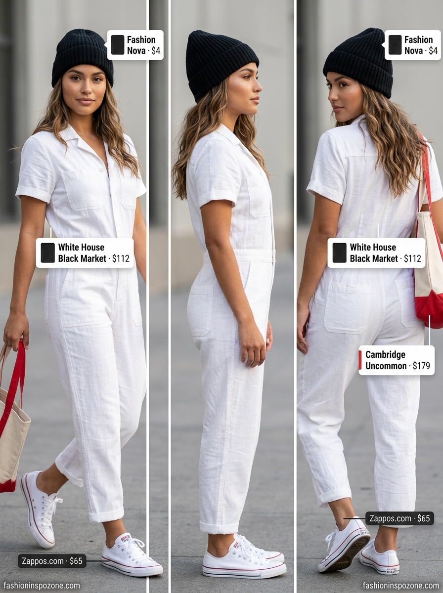 Oversized summer streetwear for women 2026: Washed black utility jumpsuit, red beanie, and canvas tote for an edgy, artistic urban look.