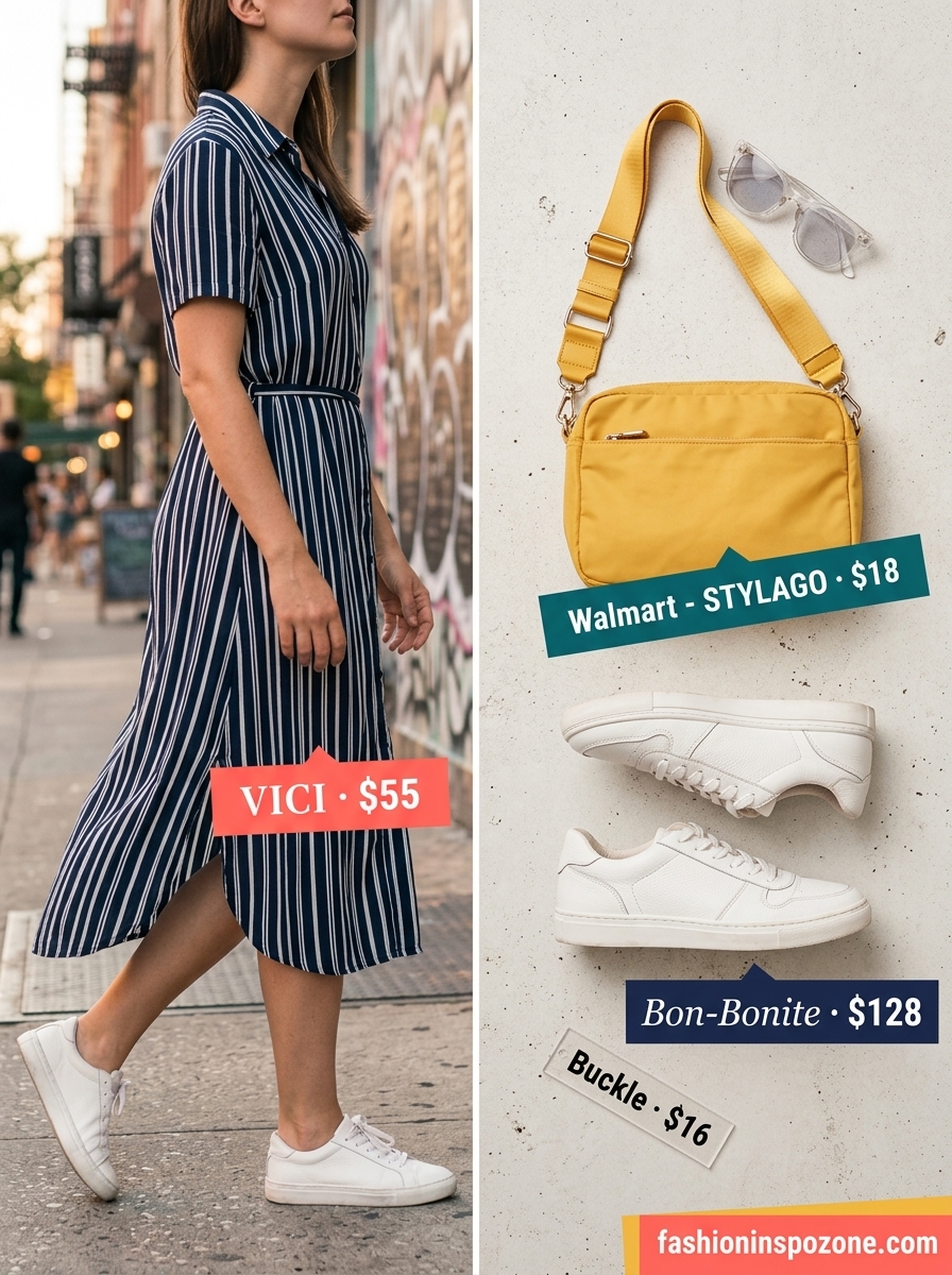 Oversized summer streetwear for women 2026: Navy striped shirt dress, white sneakers, pastel yellow bag, clear sunglasses.