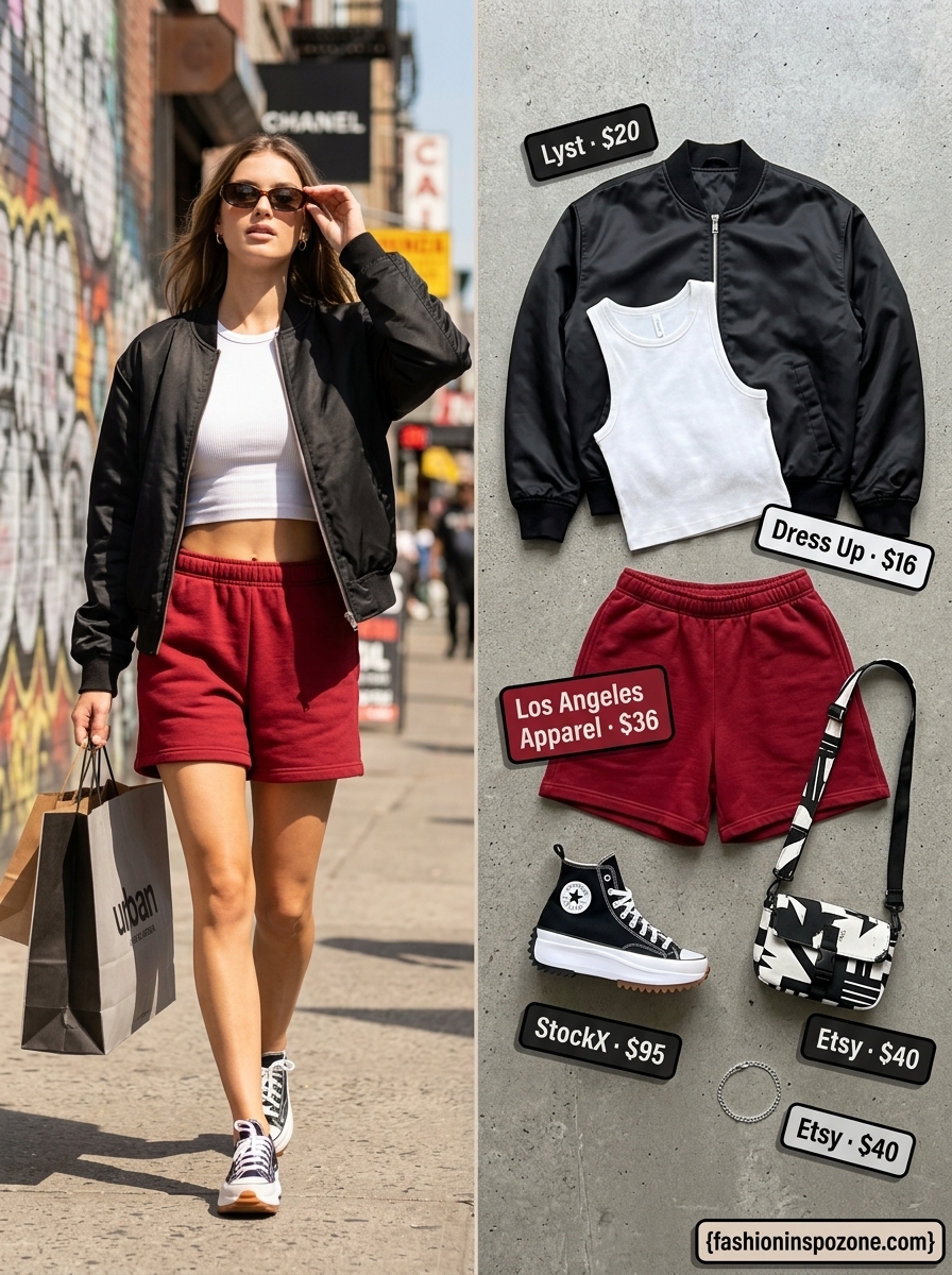 Oversized summer streetwear for women 2026: Red sweat shorts, black bomber jacket, white cropped tank, high-top sneakers.
