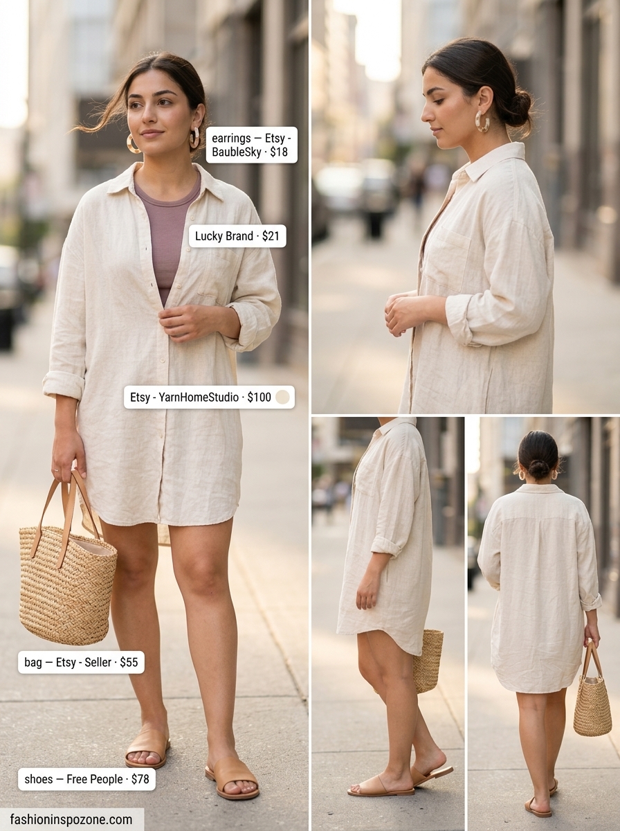 Oversized summer streetwear for women 2026: Cream linen shirt dress, rust tank, and terracotta sandals for an artistic brunch outfit.