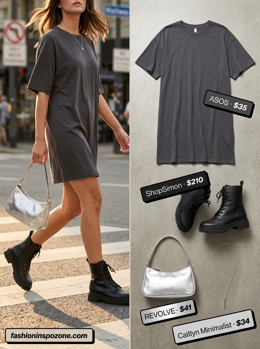 Oversized summer streetwear for women 2026: Charcoal oversized t-shirt dress, chunky black boots, silver bag & necklaces.