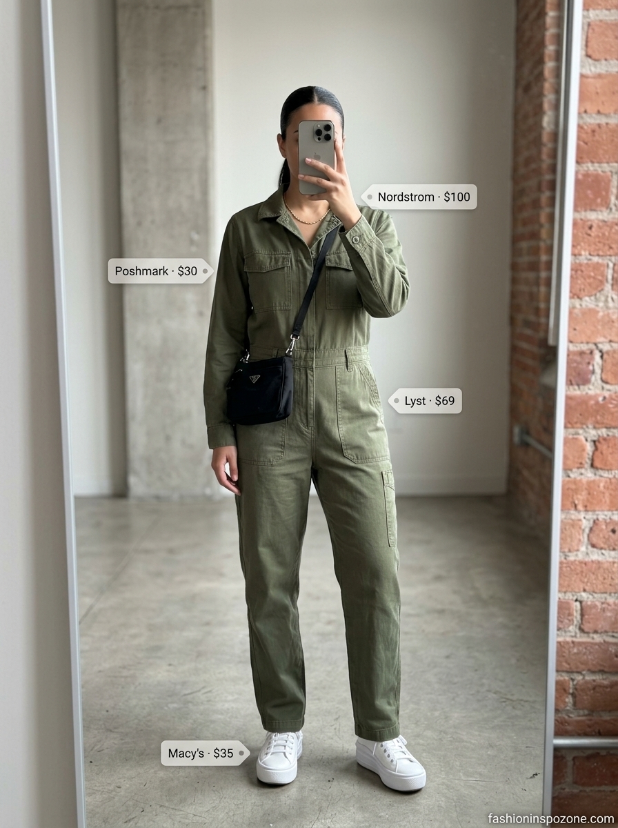 Oversized summer streetwear for women 2026: Olive utility jumpsuit, white platform sneakers, black crossbody bag, gold chain.