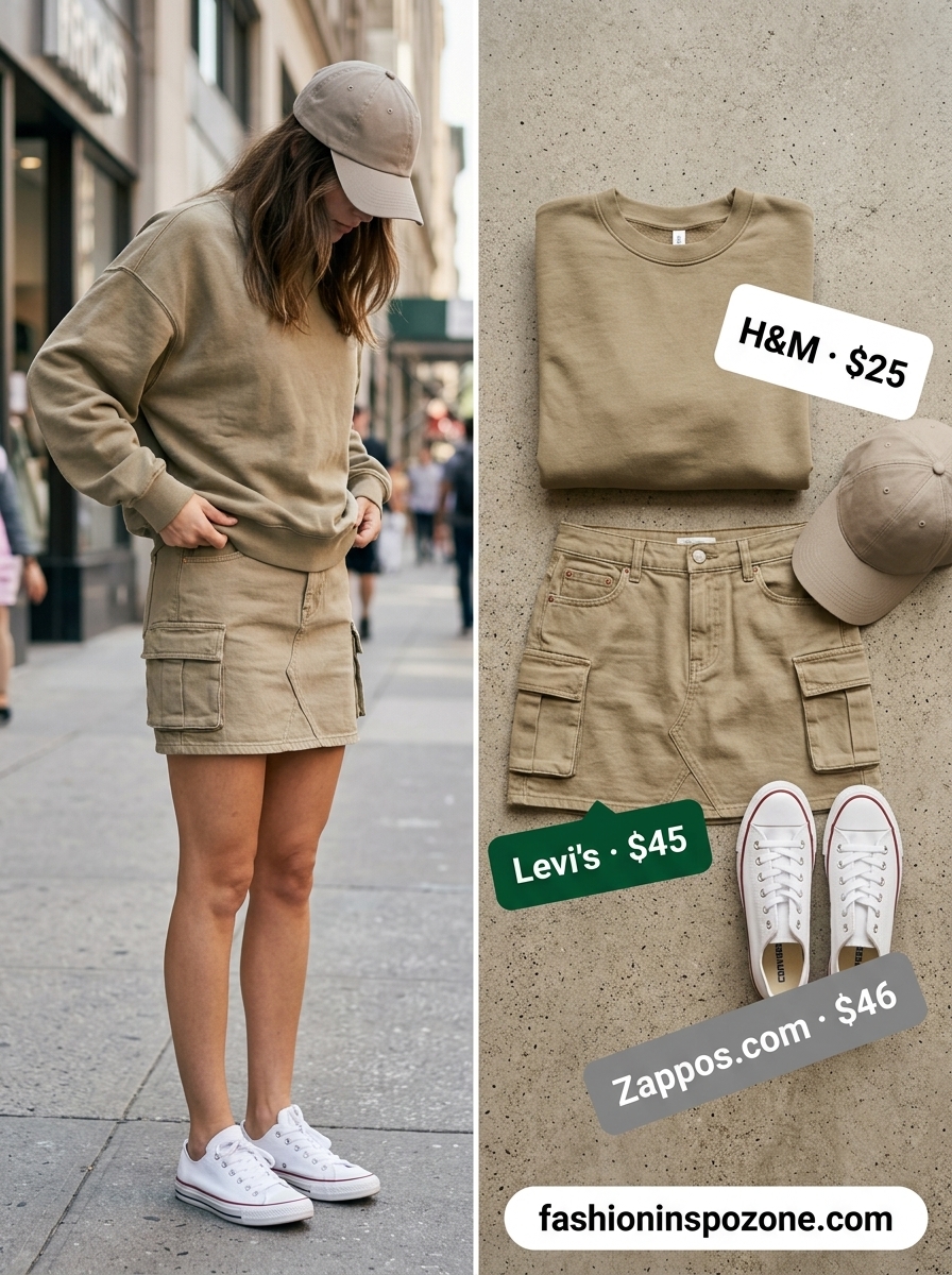 Oversized summer streetwear for women 2026: Khaki utility skirt, black oversized sweatshirt, white sneakers, black cap.