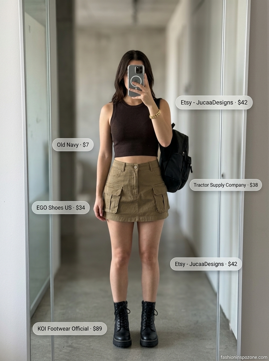 Khaki cargo skirt with black tank and combat boots for oversized summer streetwear 2026.