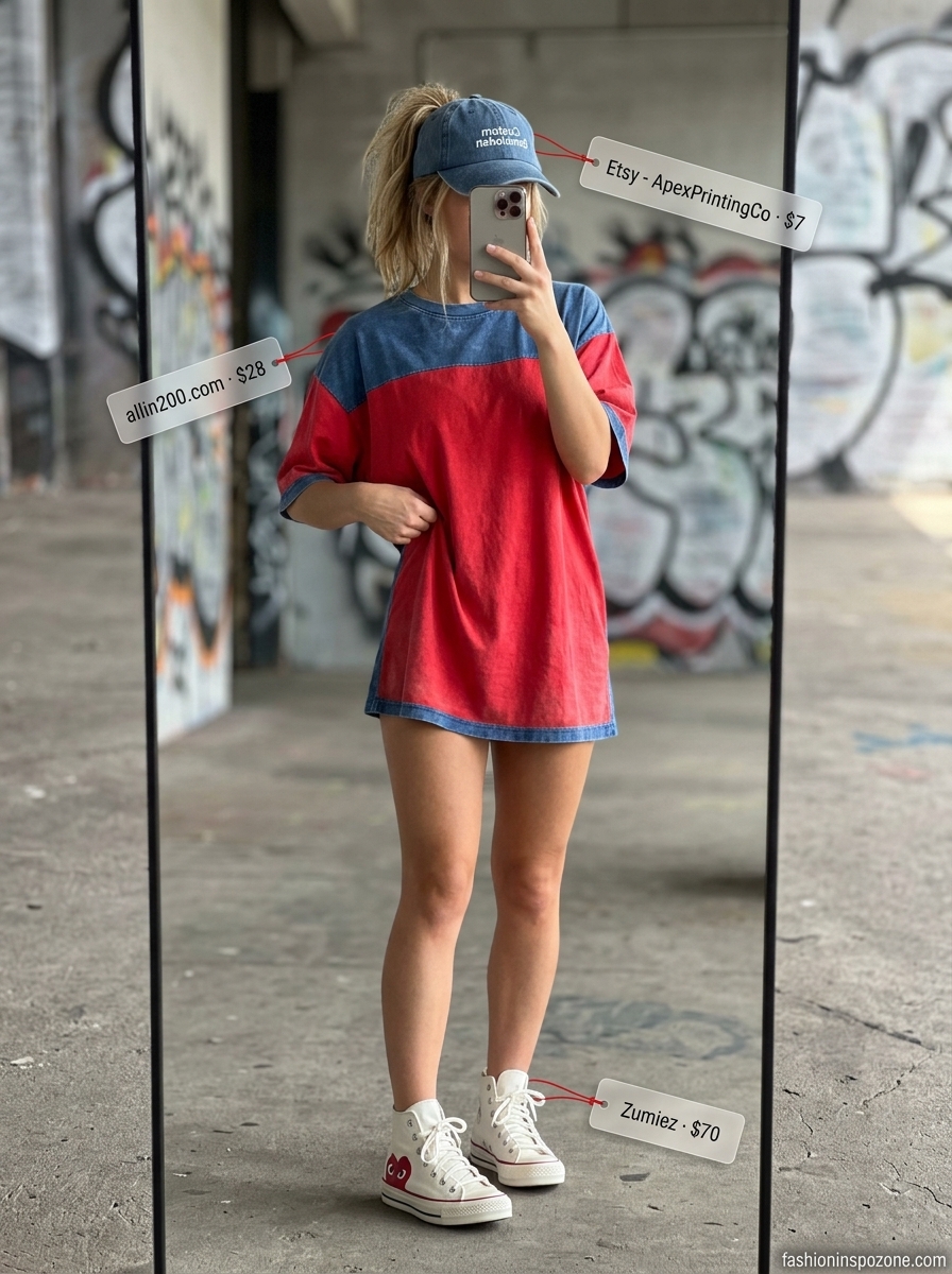Oversized graphic tee with distressed denim shorts and high-tops for summer streetwear 2026.