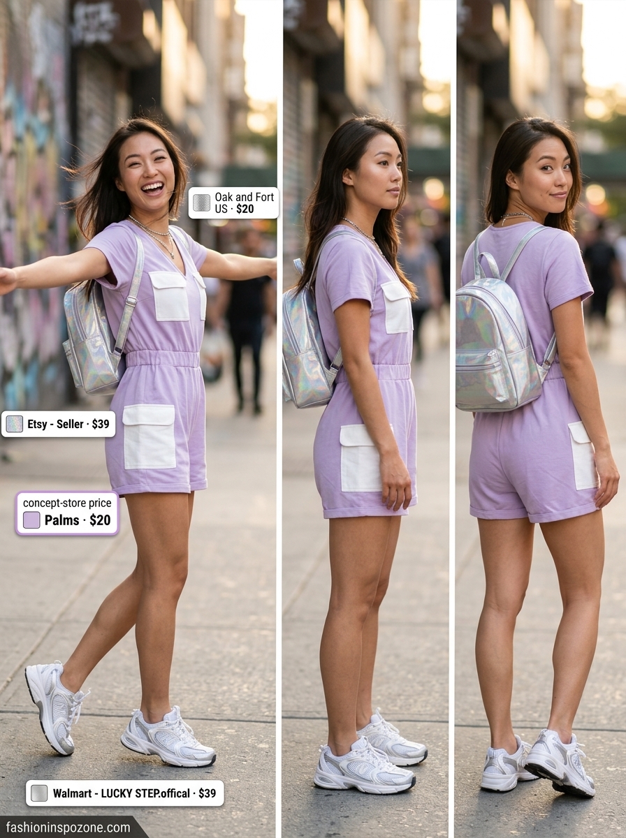 Oversized lavender utility romper with silver chunky sneakers and holographic backpack for summer streetwear 2026.