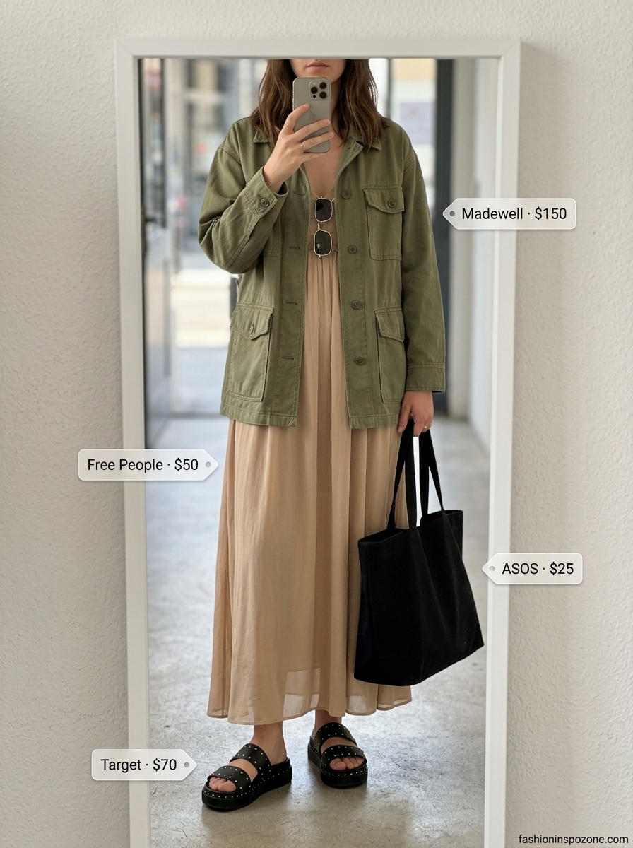 Desert sand maxi dress with utility jacket and chunky slides for oversized summer streetwear 2026.