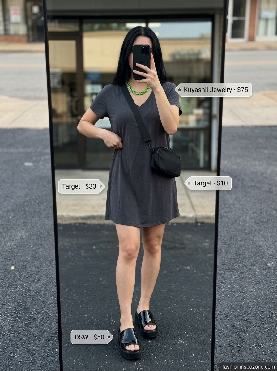 Edgy charcoal maxi dress with neon green chain and chunky sandals for oversized summer streetwear 2026.