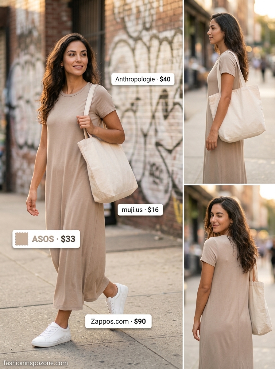 Cream oversized t-shirt dress with chunky sneakers and canvas tote for summer streetwear 2026.