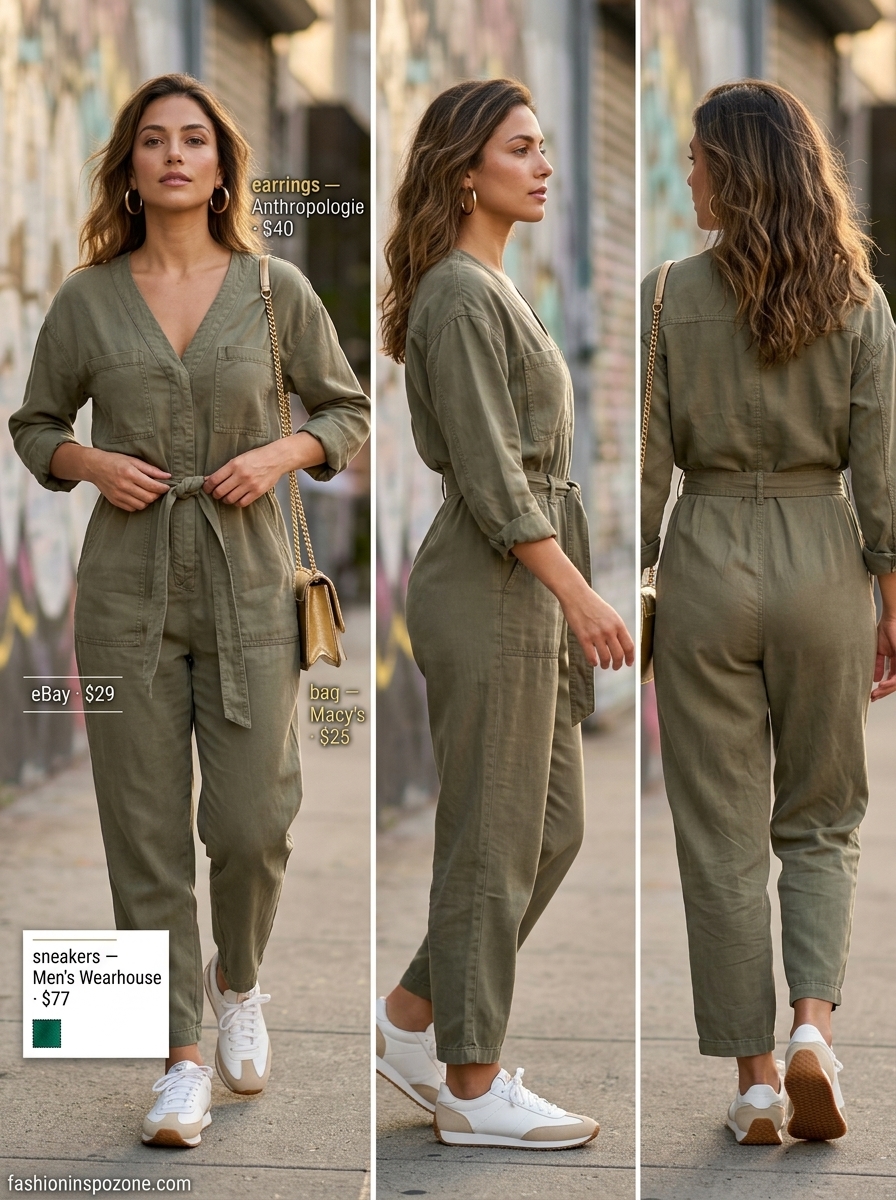 Khaki utility jumpsuit with chunky sneakers and a mini shoulder bag for oversized summer streetwear 2026.