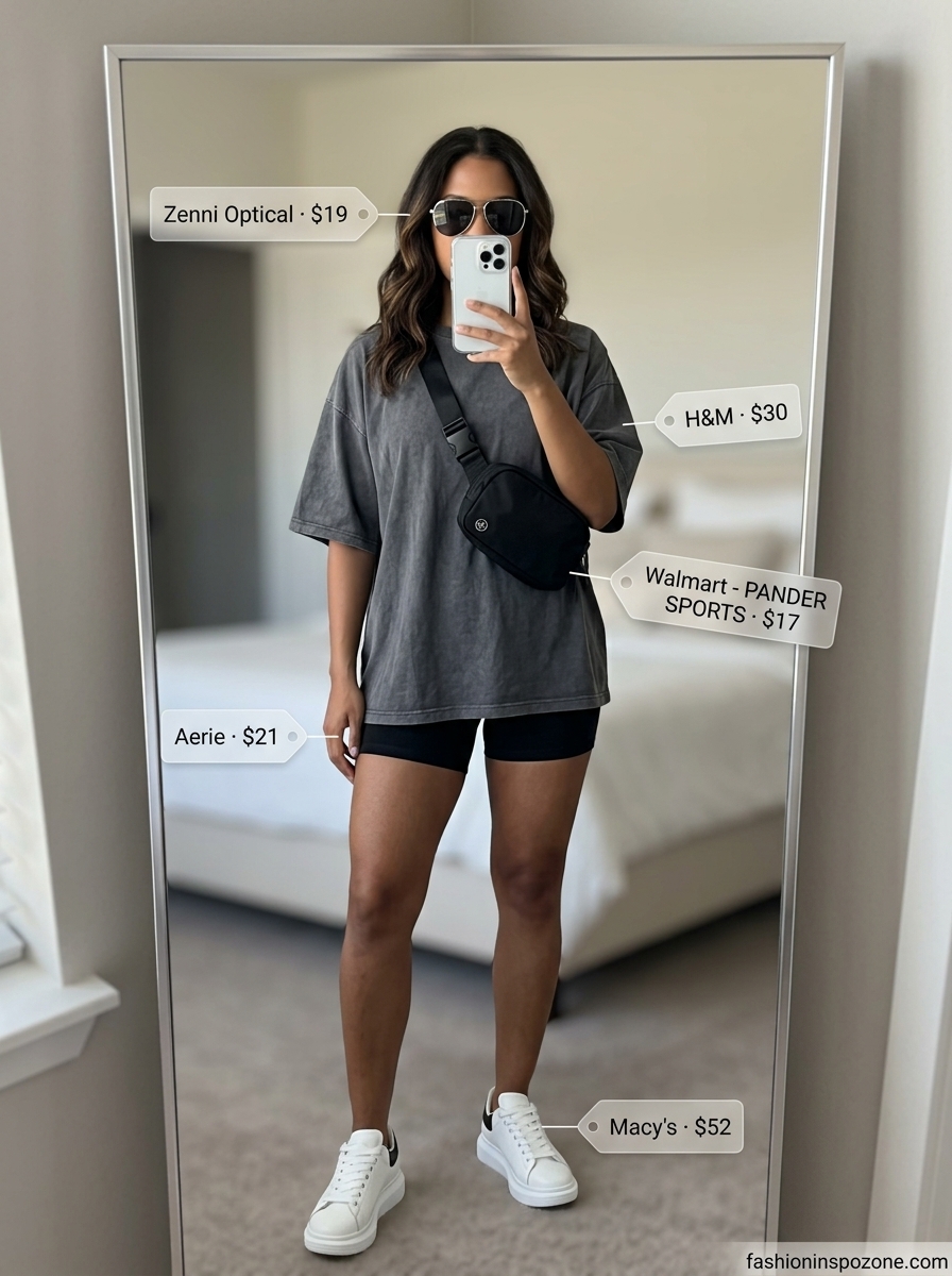 Oversized summer t-shirt outfit for women 2026: Charcoal tee, black biker shorts, platform sneakers.