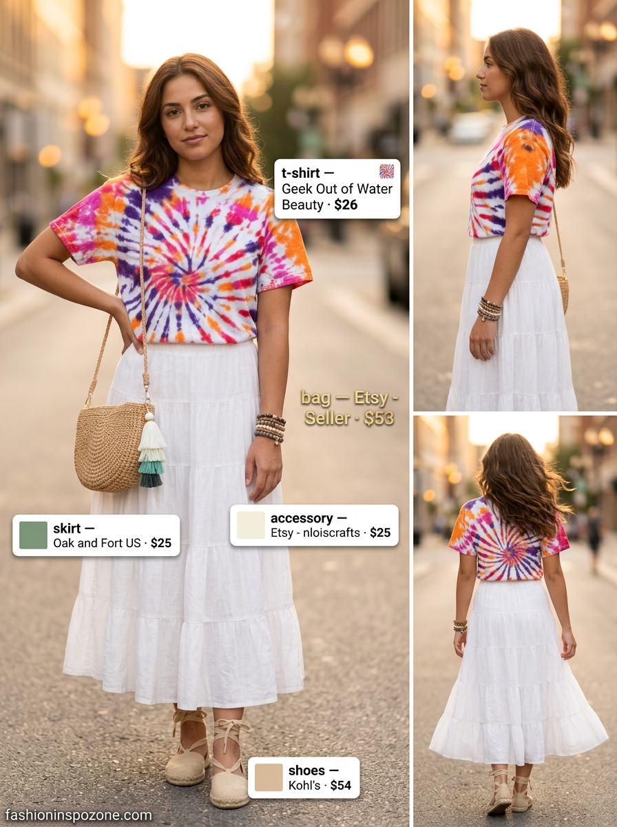 Oversized summer t-shirt outfit for women 2026: Tie-dye tee, tiered maxi skirt for boho beach sunset vibes.