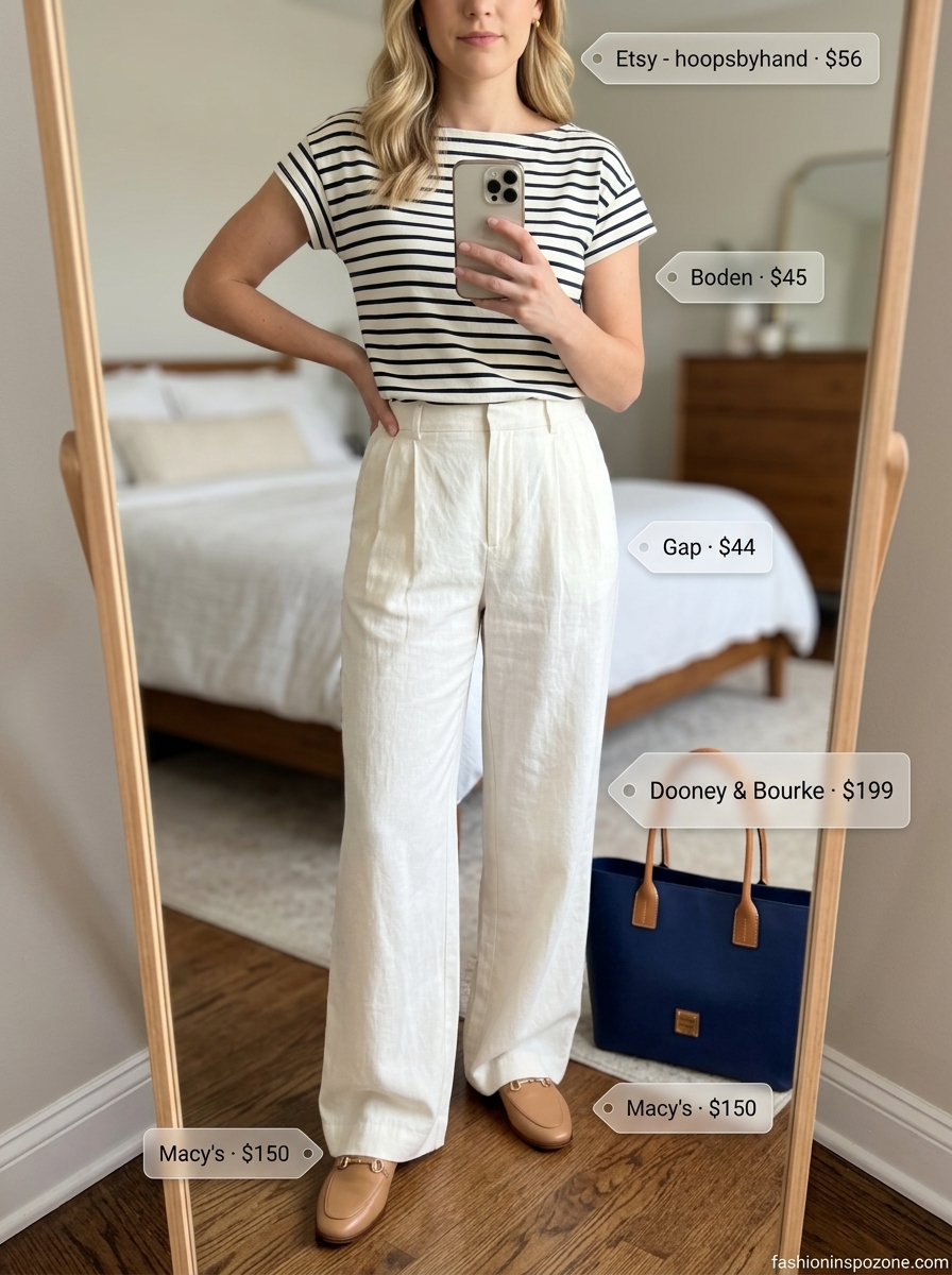 Oversized summer t-shirt outfit for women 2026: Breton stripe tee with white trousers, loafers, and tote.