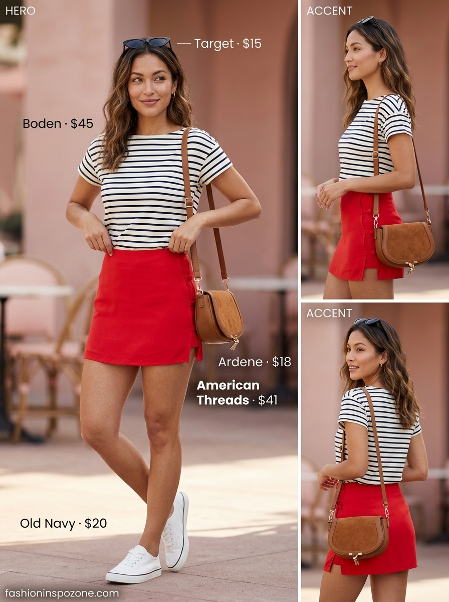 Oversized summer t-shirt outfit for women 2026: Striped tee, cherry red skirt, white sneakers.