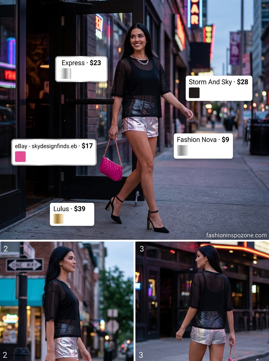 Oversized summer t-shirt outfit for women 2026: Sheer mesh tee, metallic shorts for glamorous city lights.