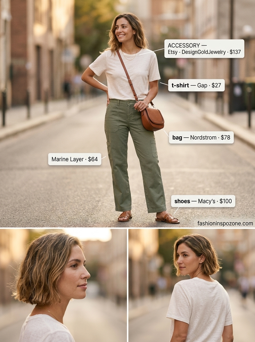 Oversized summer t-shirt outfit for women 2026: Cream oversized tee, olive cargo pants for city safari chic.