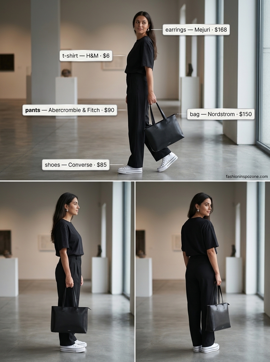Oversized summer t-shirt outfit for women 2026: Black oversized tee, wide-leg trousers for downtown minimalist edge.