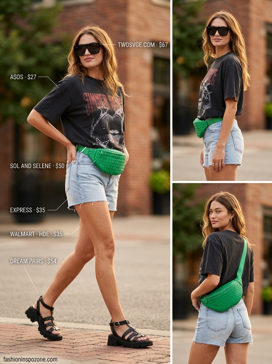 Oversized summer t-shirt outfit for women 2026: Striped tee, white denim shorts, platform sandals.