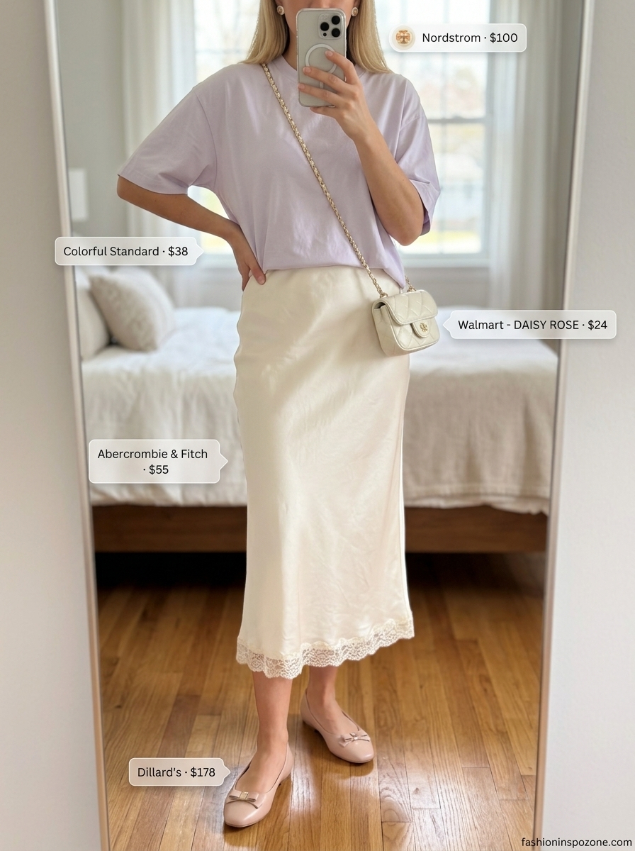 Oversized summer t-shirt outfit for women 2026: Lavender tee with lace midi skirt, ballet flats, and crossbody bag.