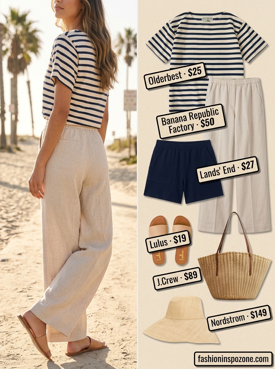 Oversized summer t-shirt outfit for women 2026: Navy stripe tee with linen trousers, straw hat, and leather slides.
