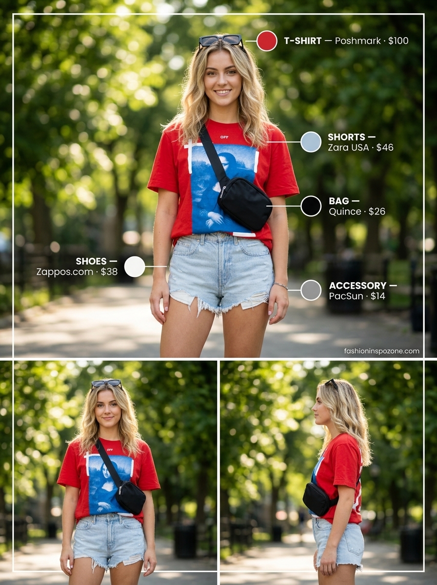 Oversized summer t-shirt outfit for women 2026: White graphic tee, distressed denim shorts, belt bag for a playful park day.