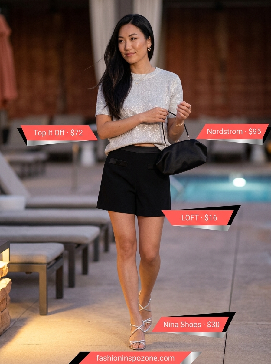 Oversized summer t-shirt outfit for women 2026: Shimmering silver tee, tailored black shorts for a glamorous poolside evening.