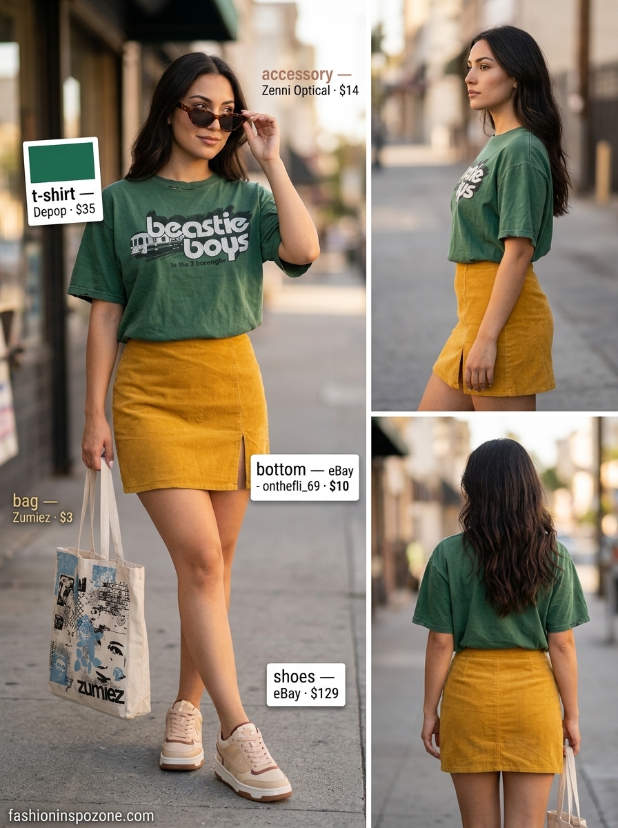 Oversized summer t-shirt outfit for women 2026: Forest green graphic tee, mustard corduroy skirt, sneakers.