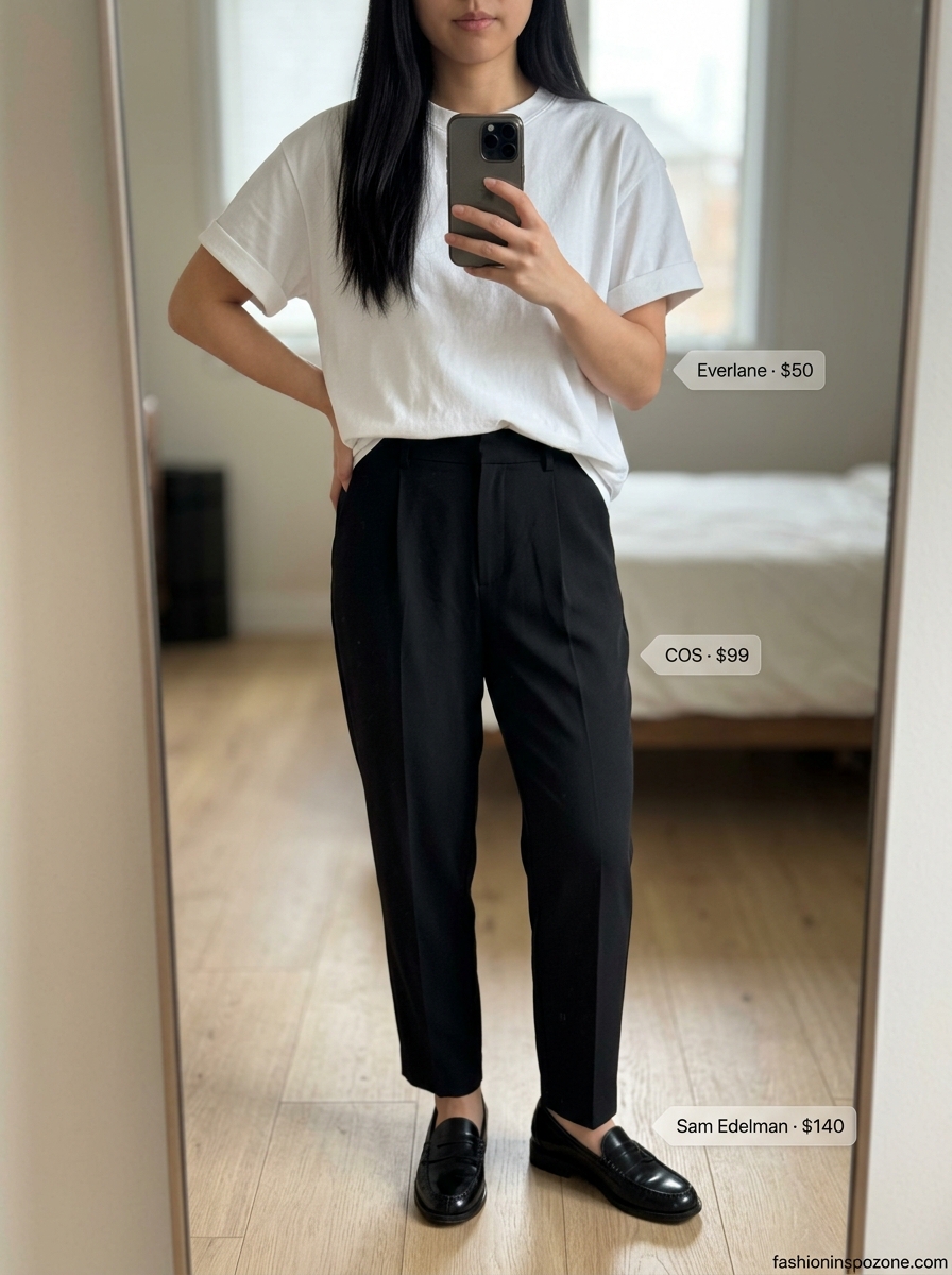 Oversized summer t-shirt outfit for women 2026: Ivory structured tee, linen Bermuda shorts for summer Friday polish.