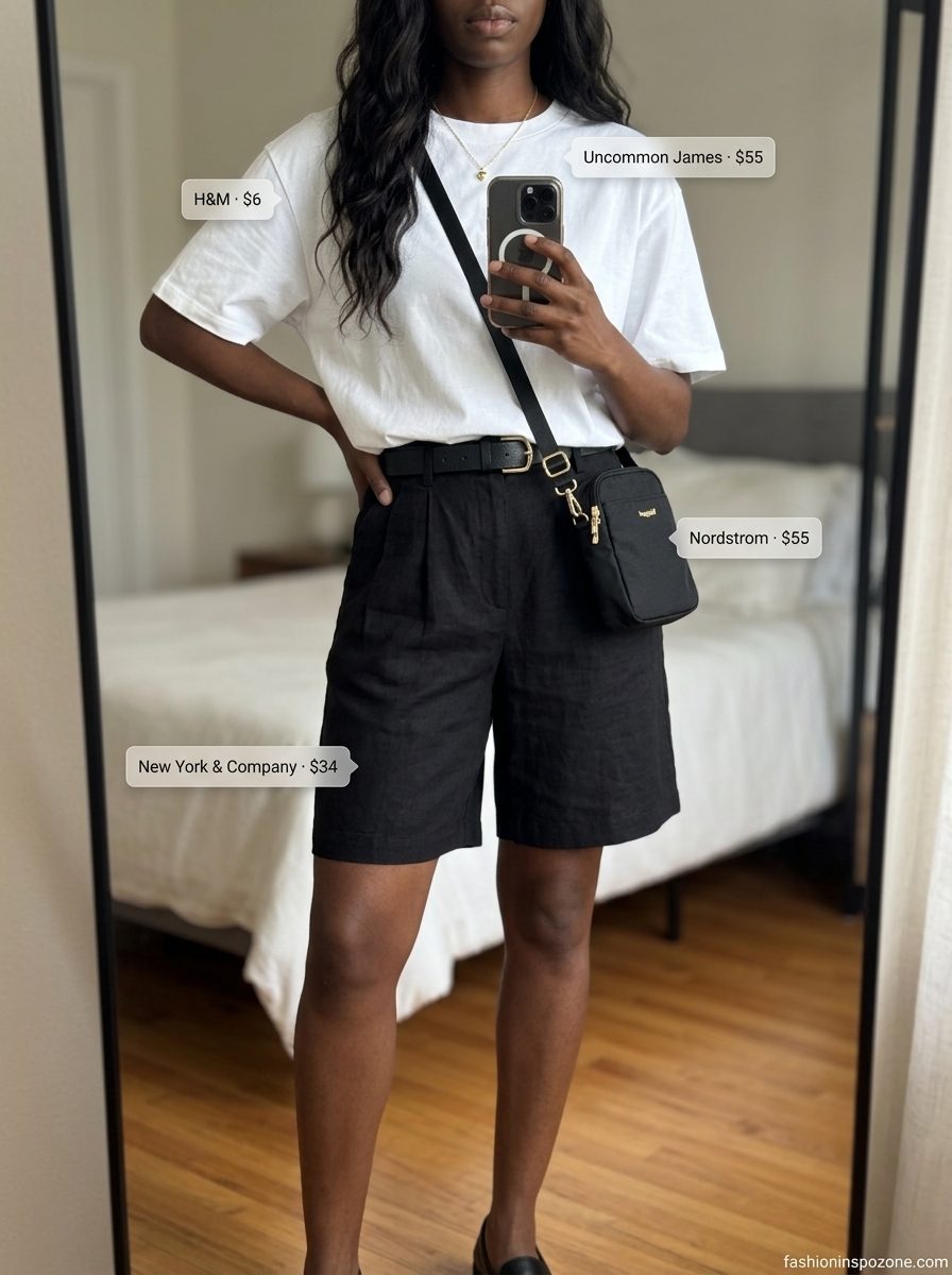 Oversized summer t-shirt outfit for women 2026: White oversized tee, khaki Bermuda shorts for urban explorer style.