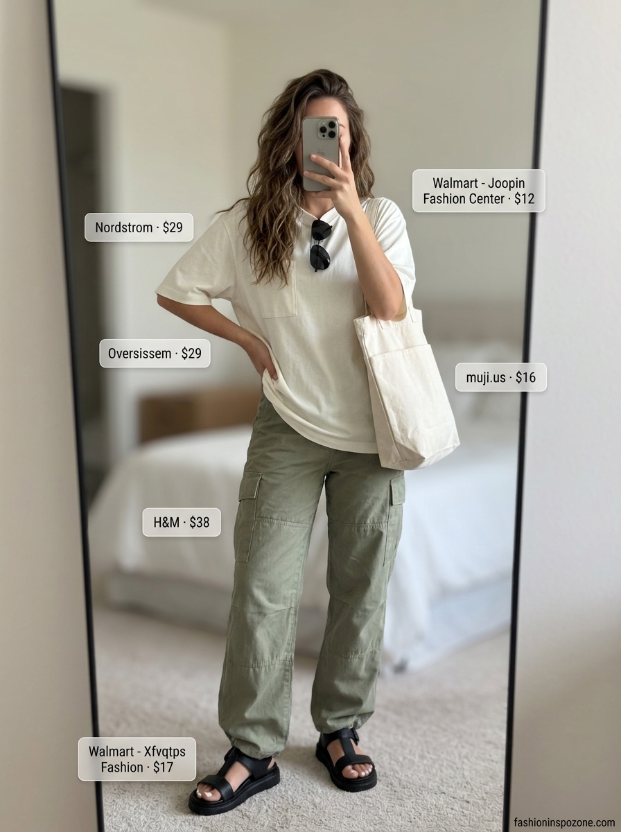 Oversized summer t-shirt outfit for women 2026: Khaki cargo pants, white tee, chunky sandals, tote bag.