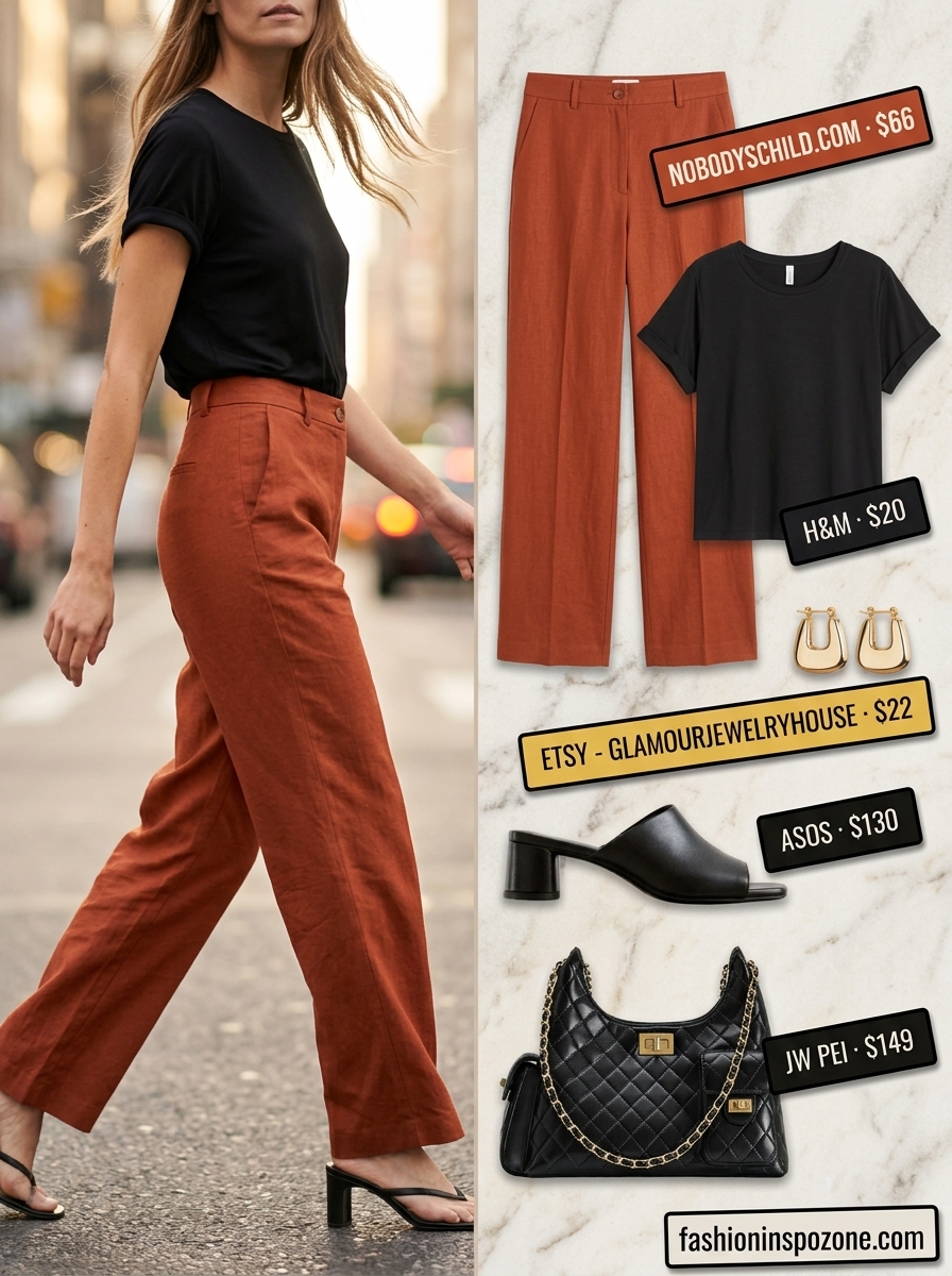 Oversized summer t-shirt outfit for women 2026: Jet black tee, rust orange trousers, heeled mules for urban sophistication.