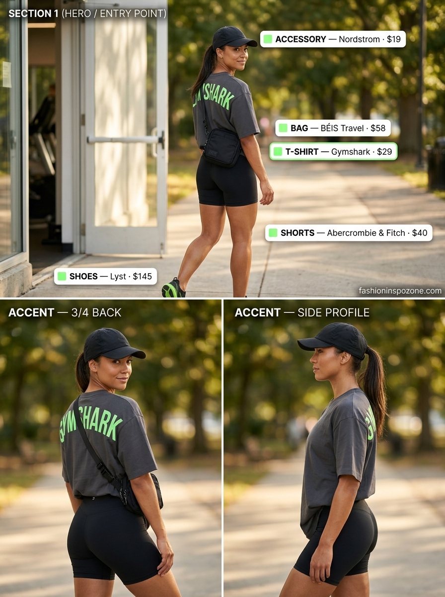 Oversized summer t-shirt outfit for women 2026: Charcoal grey tee, black cycling shorts, neon green sneakers for athleisure.