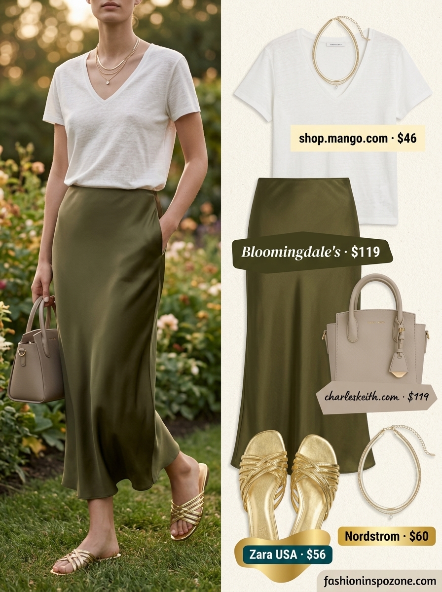 Oversized summer t-shirt outfit for women 2026: Cream tee, satin skirt, straw tote for garden brunch.