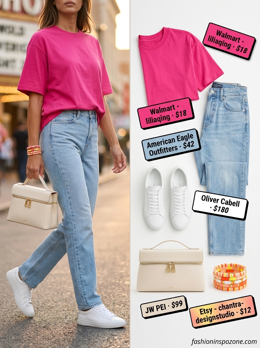 Oversized summer t-shirt outfit for women 2026: Hot pink tee, light wash jeans, white sneakers & bag for a casual day out.