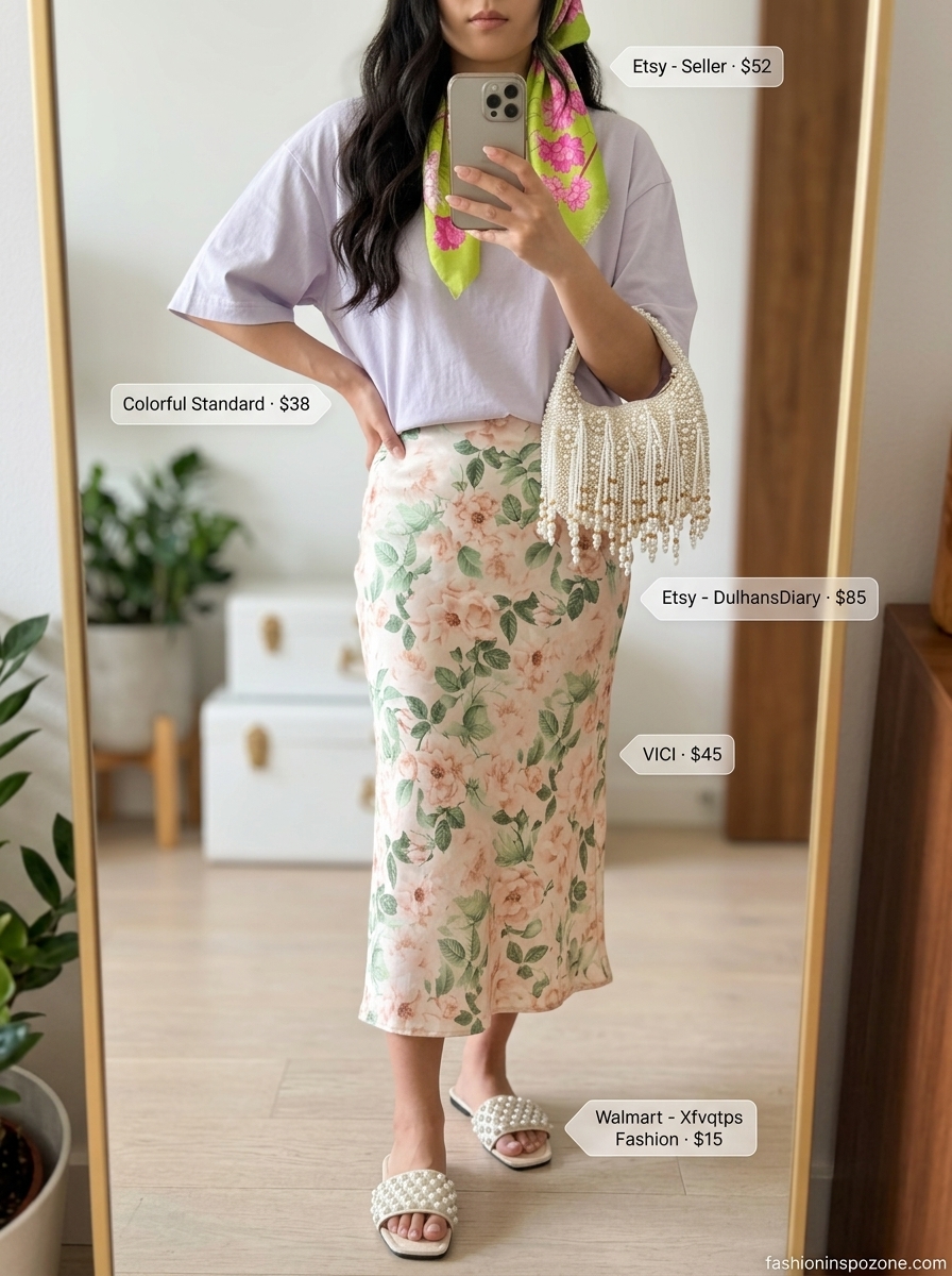 Oversized summer t-shirt outfit for women 2026: Lavender tee, floral skirt, pearl sandals for a garden party.