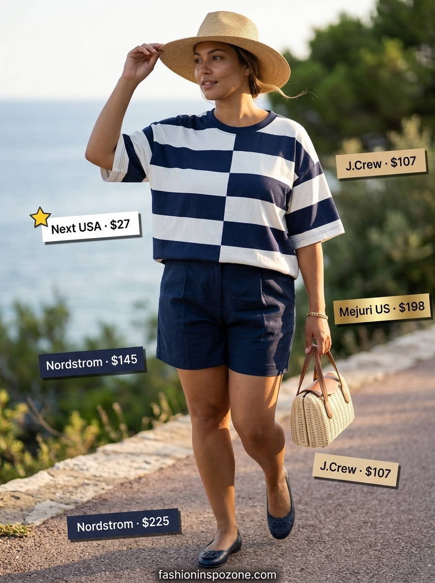 Oversized summer t-shirt outfit for women 2026: Navy stripe tee, tailored shorts, ballet flats for French Riviera style.