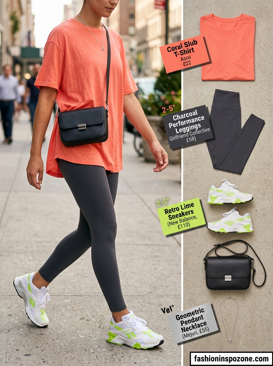 Oversized summer t-shirt outfit for women 2026: Neon green tee, biker shorts, chunky sneakers for athleisure.