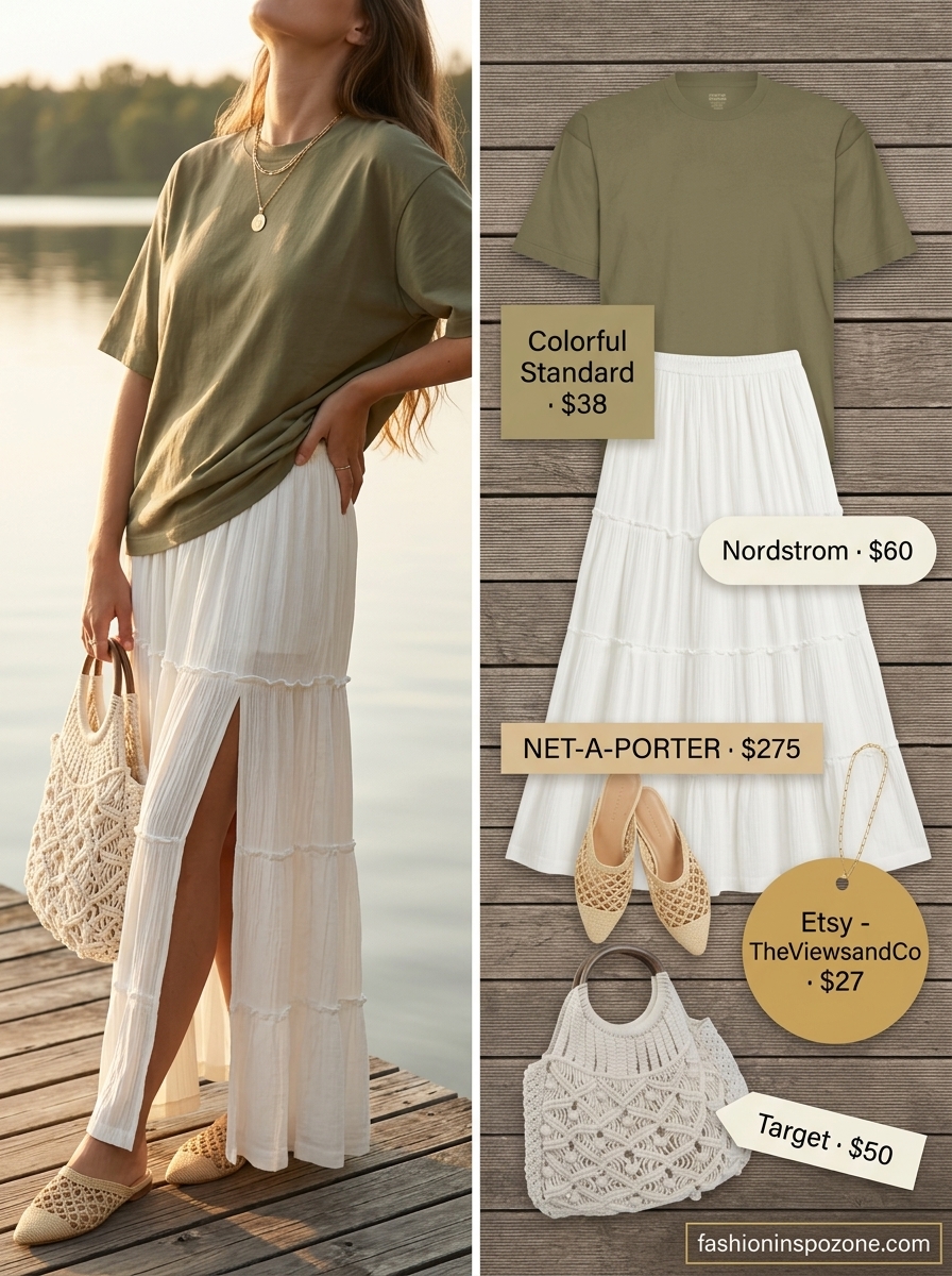 Oversized summer t-shirt outfit for women 2026: Olive green tee, denim shorts, woven bag for a lakeside retreat.