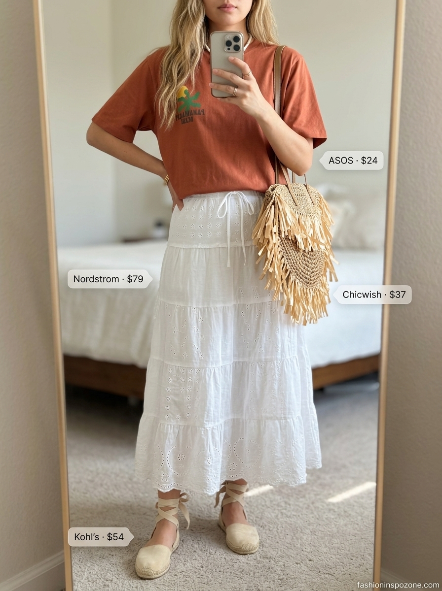 Oversized summer t-shirt outfit for women 2026: Rust orange tee, tiered skirt, espadrilles for boho festival.