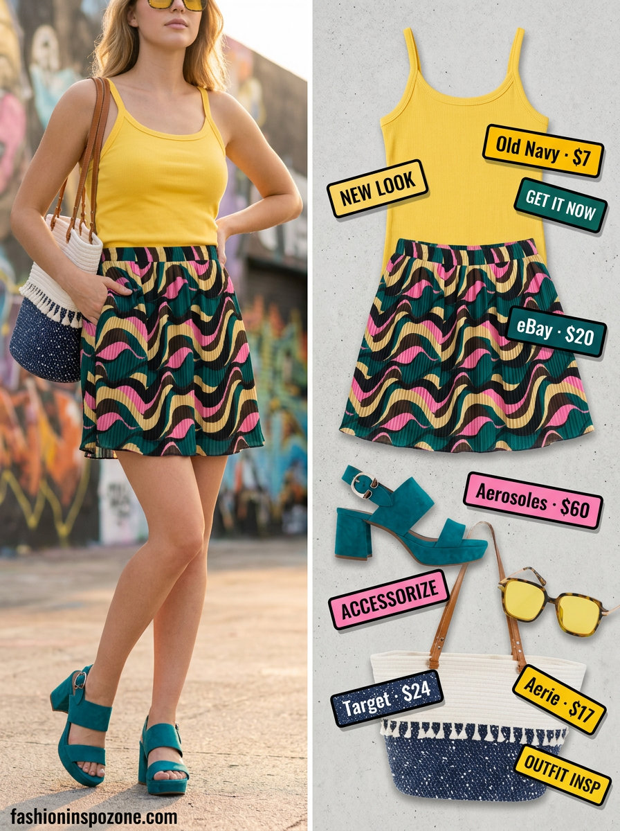 Pleated Mini Skirt Outfits Summer 2026: Art Fair Style Pleated mini skirt outfits summer 2026: Yellow ribbed tank, abstract print skirt, teal mules, tote bag for art fair.