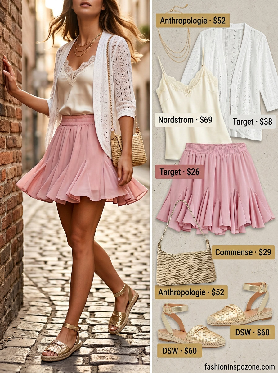 Pleated Mini Skirt Outfits Summer 2026: Garden Party Pleated mini skirt outfits summer 2026: Blush pink skirt, cream cami, eyelet cardigan, espadrilles for garden party.