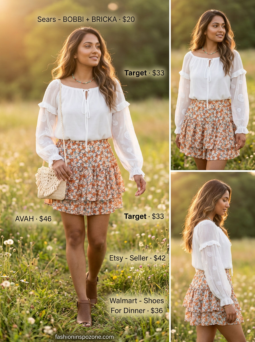 Rust orange floral pleated mini skirt outfit summer 2026 with peasant blouse and ankle boots for boho style.