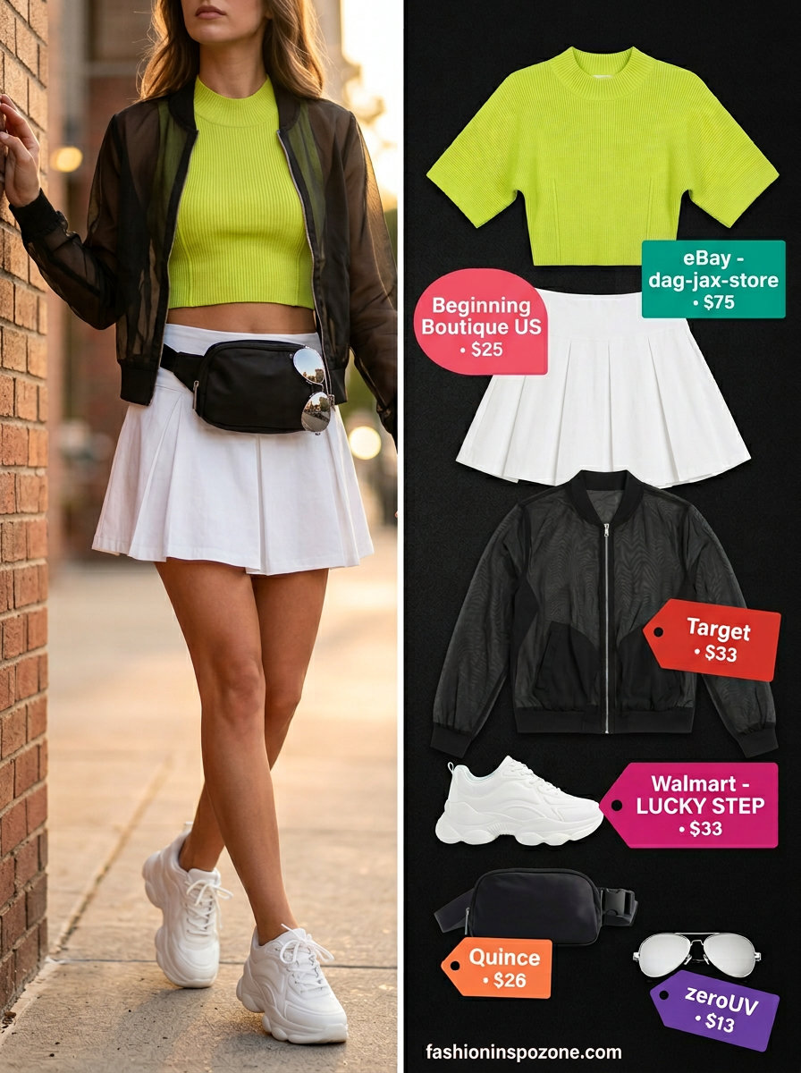 Pleated Mini Skirt Outfits Summer 2026: Festival Ready Pleated mini skirt outfits summer 2026: Electric green crop top, white mini skirt, mesh bomber, sneakers for festivals.