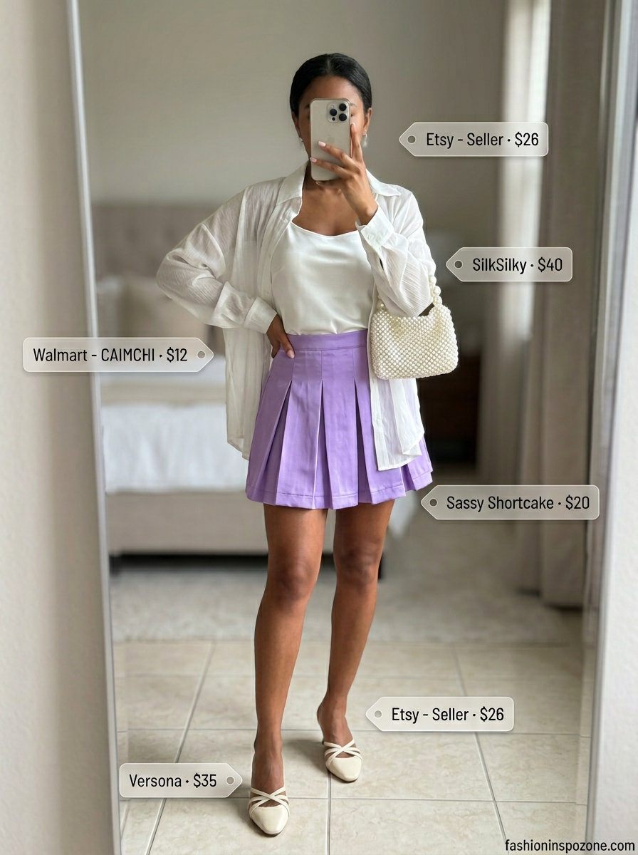 Pleated Mini Skirt Outfits Summer 2026: Glamorous Evening Pleated mini skirt outfits summer 2026: Lavender satin skirt, silk cami, sheer shirt, kitten heels for date night.