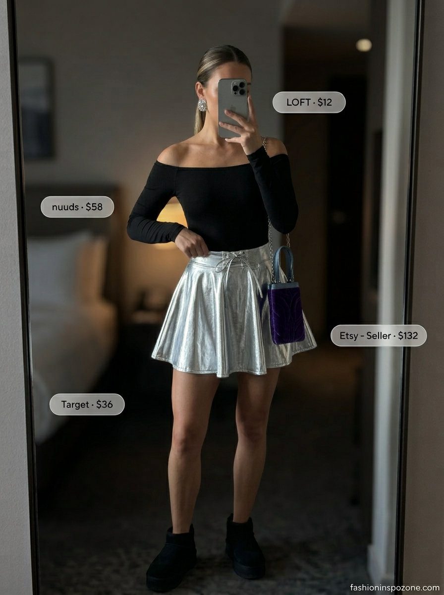 Daring Pleated Mini Skirt Outfits Summer 2026 Daring pleated mini skirt outfit summer 2026 in metallic silver with black bodysuit and high-heeled sandals.