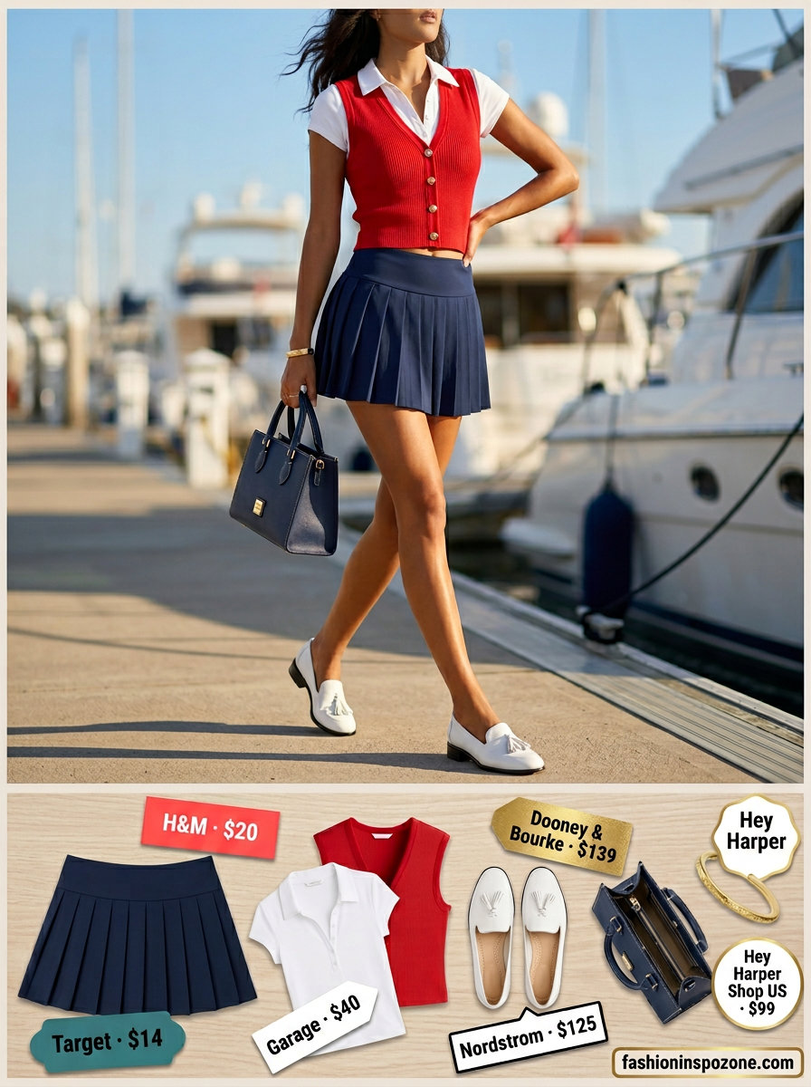 Pleated Mini Skirt Outfits Summer 2026: Nautical Resort Pleated mini skirt outfits summer 2026: Navy skirt, white polo, red vest, loafers for resort wear.