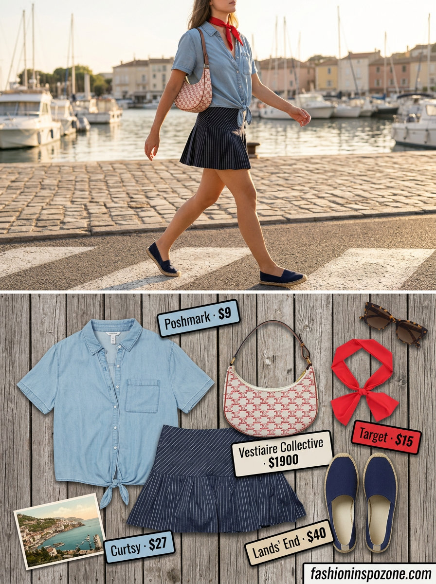 Nautical Pleated Mini Skirt Outfits Summer 2026 Nautical pleated mini skirt outfit summer 2026 with navy stripes, white denim shirt tied at waist, red scarf, and espadrilles.