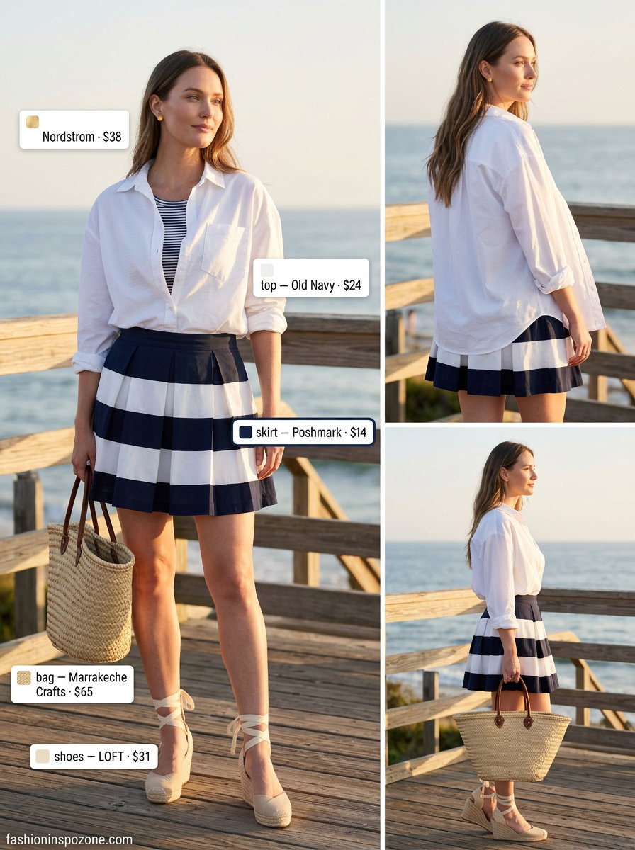 Nautical Pleated Mini Skirt Outfits Summer 2026 Navy stripe seersucker pleated mini skirt outfit summer 2026 with white button-down and espadrilles.