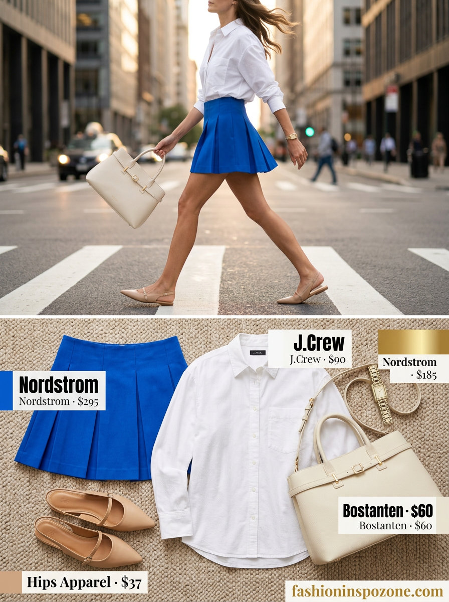 Pleated Mini Skirt Outfits Summer 2026: Office Chic Pleated mini skirt outfits summer 2026: Sky blue skirt, white shirt, beige flats for smart casual office.