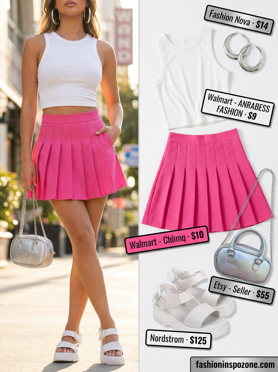 Vibrant Pleated Mini Skirt Outfits Summer 2026 Vibrant pleated mini skirt outfit summer 2026 in hot pink with white crop top and chunky platform sandals.